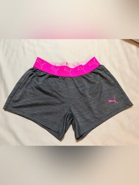 Puma Charcoal Gray Shorts with Bright Pink Logo Waistband